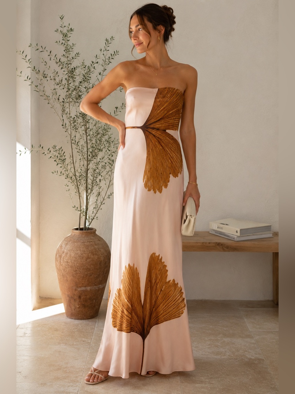 Anthropologie Strapless Blush Pink Ginkgo-Print Maxi Dress